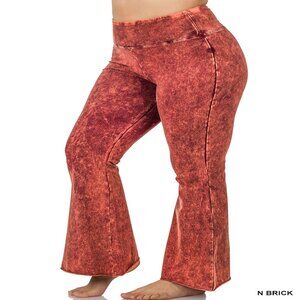ZENANA PLUS MINERAL WASHED HIGH WAIST RAW EDGE HEM FLARE BRICK 1X-3X